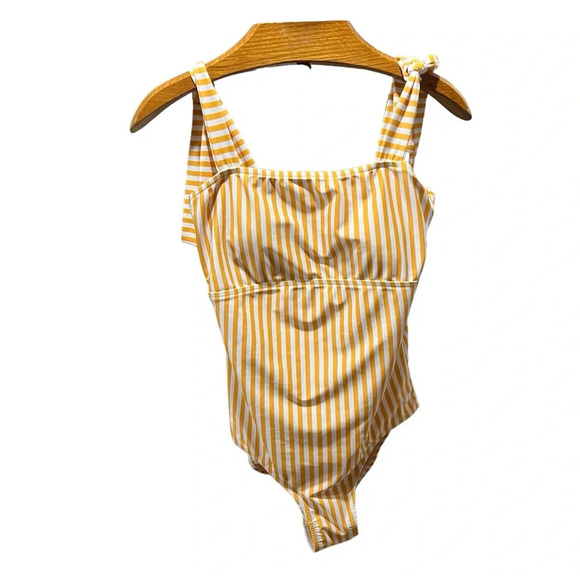 ALBION ~ The Cabana One Piece Swimsuit Yellow and White Striped Shoulder Ties - Picture 2 of 13